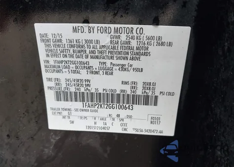 2016 Ford Taurus Sho из США, поврежденный, VIN 1FAHP2KT2GG100643